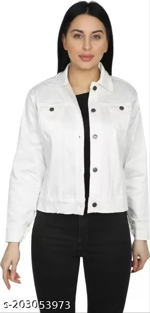 Women's solid denim full sleeve comfort fit jacket, long sleeves, size S (bust 34in, length 21in), India origin