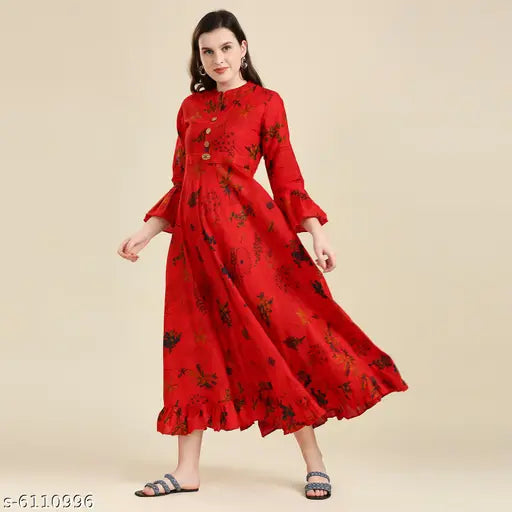 Red printed Anarkali kurta with long, 3/4 sleeves and high neck, by Madhuram Textiles. Perfect for Indian women's fashion." (123 characters)