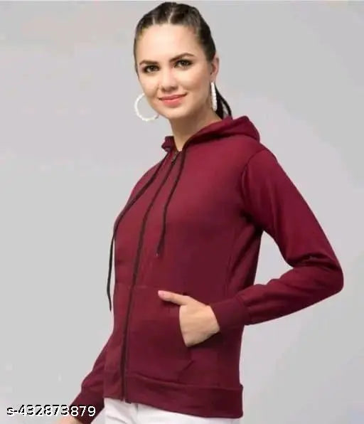 Maroon color fleece hoodie and sweatshirt, women's fashion essential in solid design
