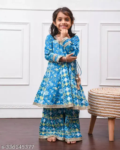 Bright floral printed cotton anarkali kurti sharara & dupatta set, premium quality with heavy gota lace, traditional ethnic look for 5-6 year old girls