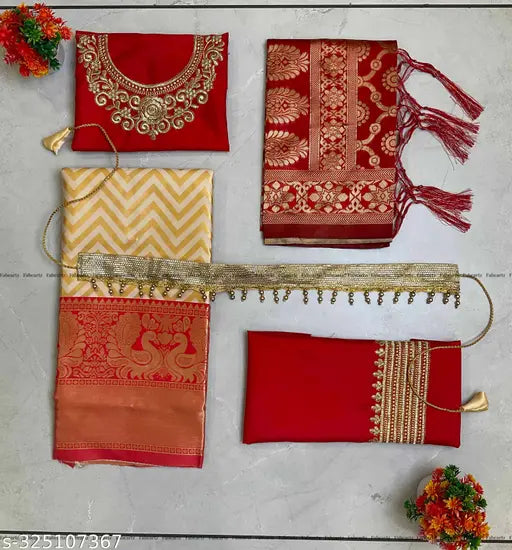 New Traditional Kids Half Saree in Litchi Silk, unstitched Lehenga with Chevron Stitch and Zari Woven Pattern, free size, 3.6M length, tussled dupatta, belt included, made in India