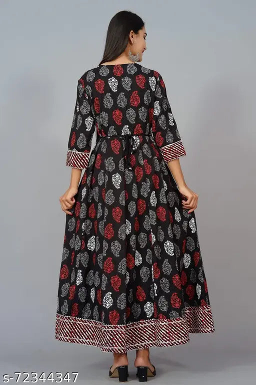 Black rayon floral printed Anarkali Kurta with three-quarter sleeves, suitable for casual events, made in India