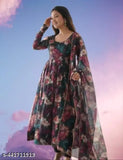 VRunda Black Georgette long-sleeve printed net maxi dress, Indian gown with dupatta on mannequin
