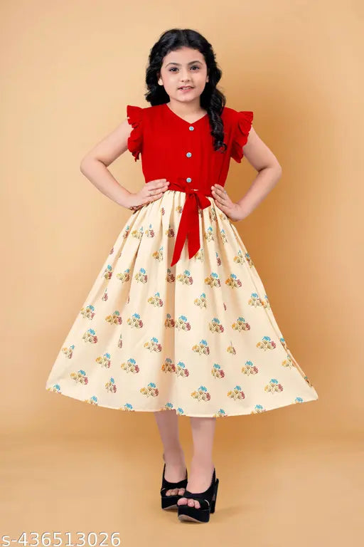 Crepe floral print dress, calf length, girls