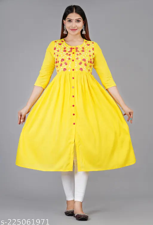Rayon Ridhu Anarkali floral embroidery kurti, three-quarter sleeves, Indian handcrafted traditional outfit