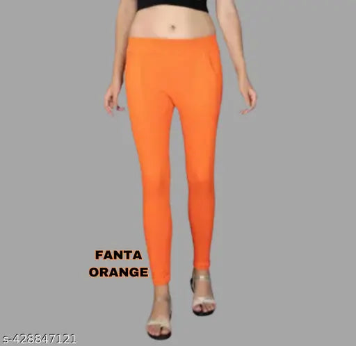 Solid cotton blend pocket jeggings, OE fabric recycled from hosiery waste, medium quality, high-waisted, comfortable, stylish, versatile, India origin