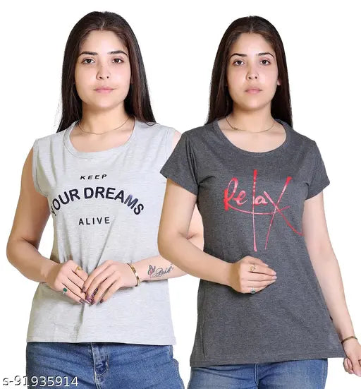 A girl and a woman wearing printed round-neck t-shirts with colorful prints, one in regular fit and the other in relaxed boyfriend fit