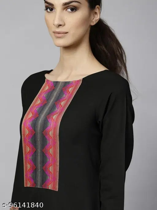 Black cotton-blend kurti set for women, includes kurta, plazzo, and dupatta, solid pattern on display