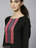 Black cotton-blend kurti set for women, includes kurta, plazzo, and dupatta, solid pattern on display