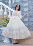 Traditional Rayon Anarkali Kurta Set, printed design, three-quarter sleeves, embroidered pattern. Perfect for festive wear, embraces elegance and comfort for girls in sizes M to XXXL. Indian origin