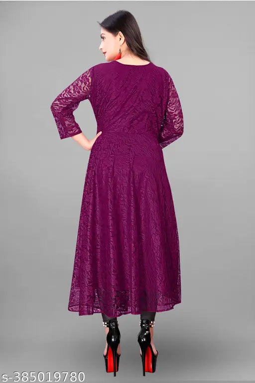 Red net party wear gown and kurtis, three-quarter sleeve, floral print combo. Woman or girl's sustainable eveningwear, Indian origin." (115 characters)