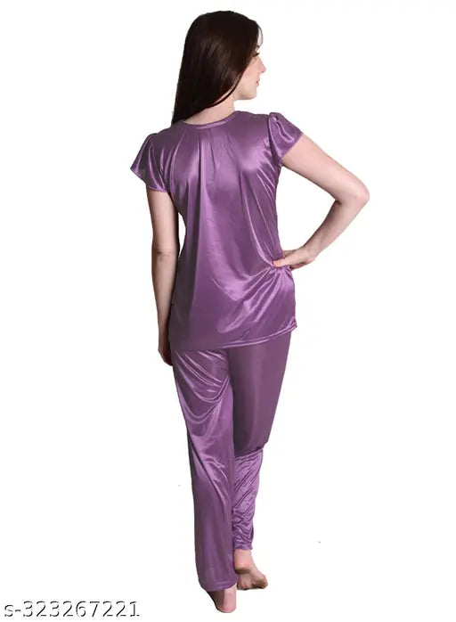 Purple satin women's night suit top and pajama set, perfect for bedroom or special occasions, made by Nightdoll, a brand focused on comfortable and chic fashion