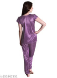 Purple satin women's night suit top and pajama set, perfect for bedroom or special occasions, made by Nightdoll, a brand focused on comfortable and chic fashion