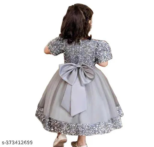 Grey net party wear for baby girl, intricate print design, short sleeves, 2-9 years