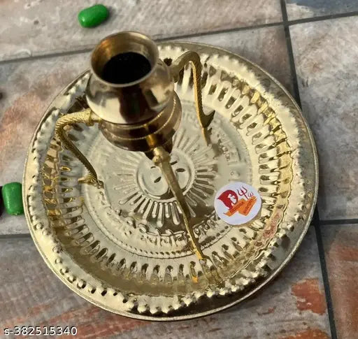 Small brass pooja plate thali with Shivling stand, gold-plated abhishek lota kalash - traditional Indian pooja samagri