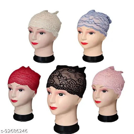 Black cotton hijab cap, black lace underscarf, designed for modesty