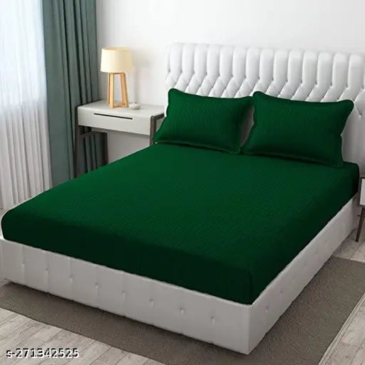 Dark green satin-striped, superfine elastic fitted bedsheet (72x78 inch) with 2 pillow covers - King size by Shine Creations
