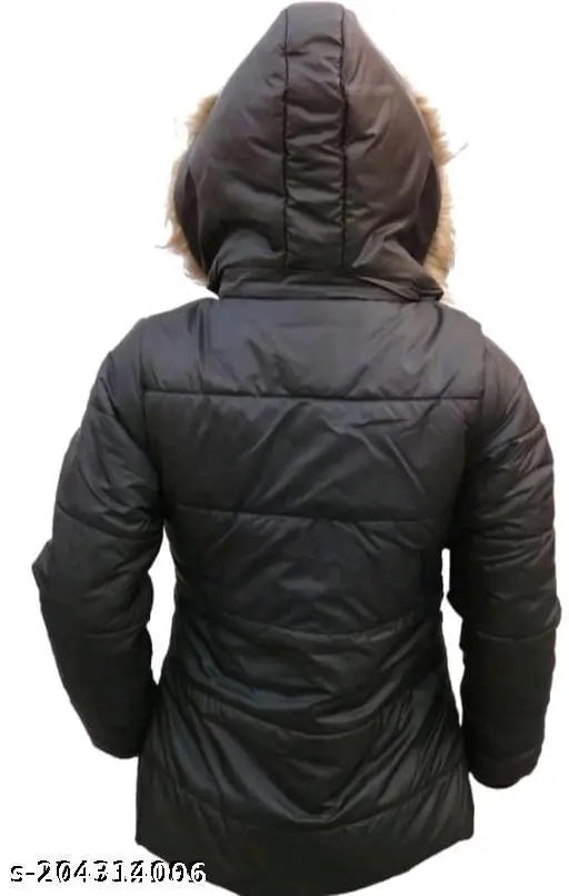 Stylish black puffer jacket with fur-lined hood, suitable for winter