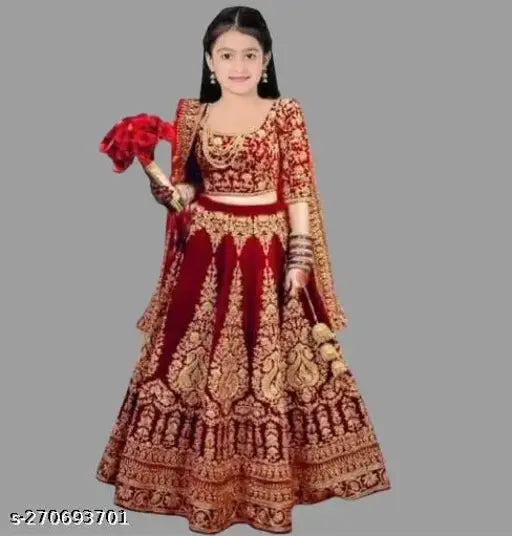 Red velvet lehenga choli, traditional embroidered work for kids' party wear. Best quality, perfect for ages 3-16. India origin