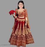 Red velvet lehenga choli, traditional embroidered work for kids' party wear. Best quality, perfect for ages 3-16. India origin