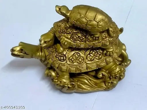 Gold resin triple tortoise turtle family, Feng Shui decorative showpiece for protection, wealth, and longevity