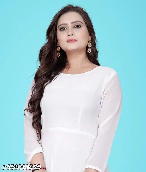 Rayon three-quarter sleeve woman's gown in solid color, India-made fashion garment on mannequin