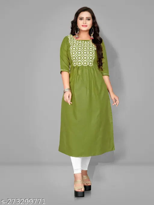 Green embroidered cotton kurta, knee length with short sleeves