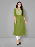 Green embroidered cotton kurta, knee length with short sleeves