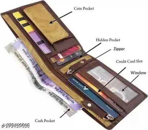 Trendy men's brown faux leather bifold wallet, 2 compartments, free size (11cm x 9cm), solid design