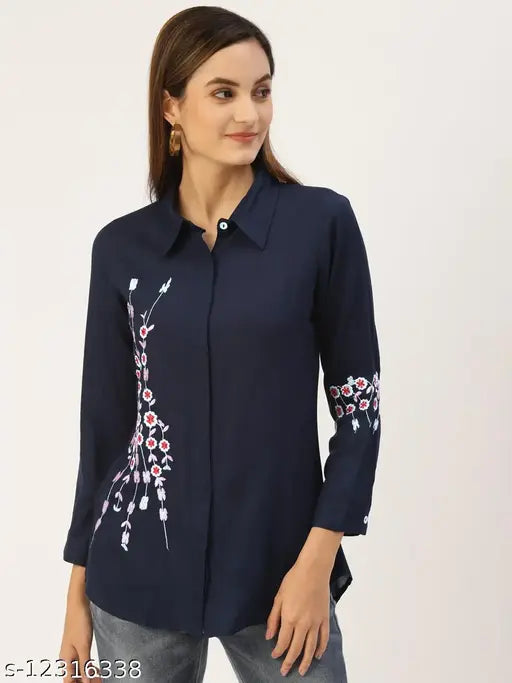 Indian Rayon Solid Top, embroidered net design, three-quarter sleeves, XS-XXXL sizes