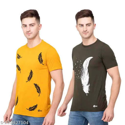 Ekom Trendy Cotton Men Wings Printed Tshirts Pack Of 2 - Mustard & Olive