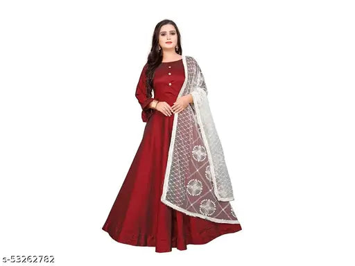 Maroon-White cotton silk three-quarter sleeve woven design gown, embroidered net dupatta (India)
