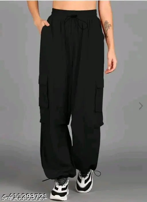 The image shows a pair of women's high-waisted cargo pants with multiple pockets