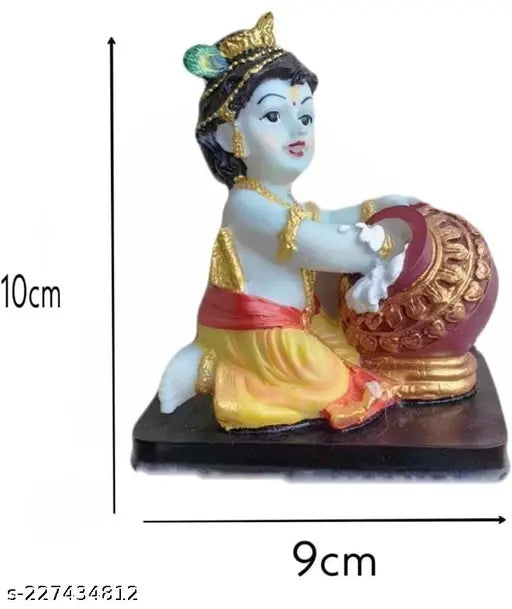 Shri Krishna statue in gold and red color with a murti, holding a laddu, set against a blue temple-like backdrop. Includes 'WELNO', 'Shri Krishna', 'Murti', 'Mandir', 'Pooja Gift Item', 'Temple', 'Office Decor', 'Lord Krishna', 'Gold and Red Color Statue', 'Makhan ChorKanahiya', 'Nandlala 4 Inch' in the visible text within the image