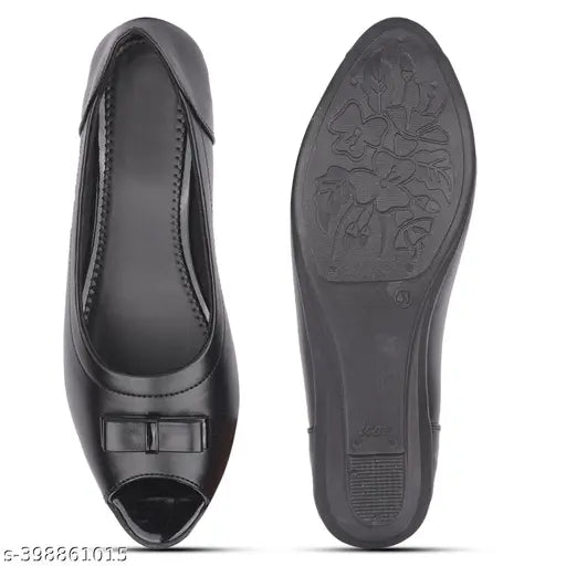 Black synthetic ballet flats with solid wedge heel, soft bottom and closed back - RAHEGAS women's stylish formal slip-ons for daily or party wear