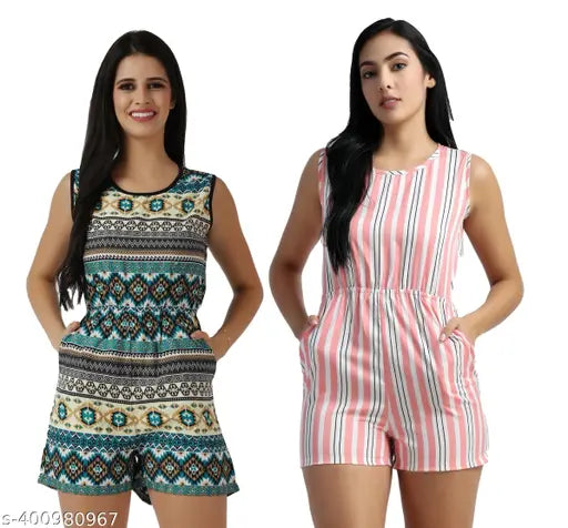 Crepe print knee-length women's jumpsuit pack-2, sleeveless and vibrant, available in sizes S-XL