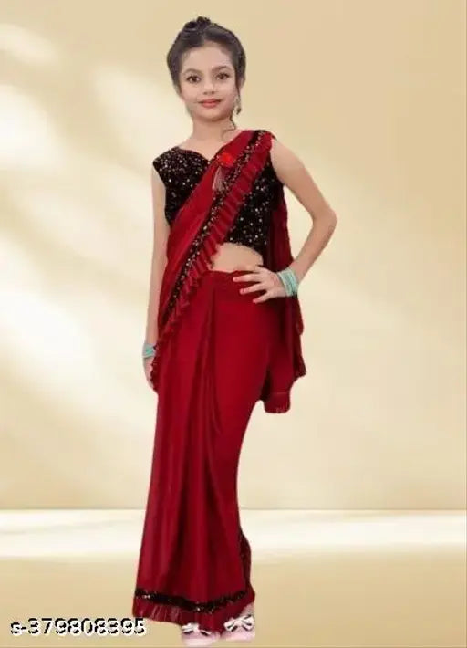 Striped net Lycra blend baby girl saree for wedding, party, or festivals, suitable for ages 3-14 years. Velvet unstitched blouse piece included. Handcrafted in India