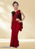 Striped net Lycra blend baby girl saree for wedding, party, or festivals, suitable for ages 3-14 years. Velvet unstitched blouse piece included. Handcrafted in India