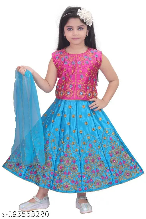 Kids chiffon Lahenga-Choli set, sleeveless and embroidered, net dupatta. Indian-made, versatile outfit for girls aged 3-12 years, suitable for various events and occasions