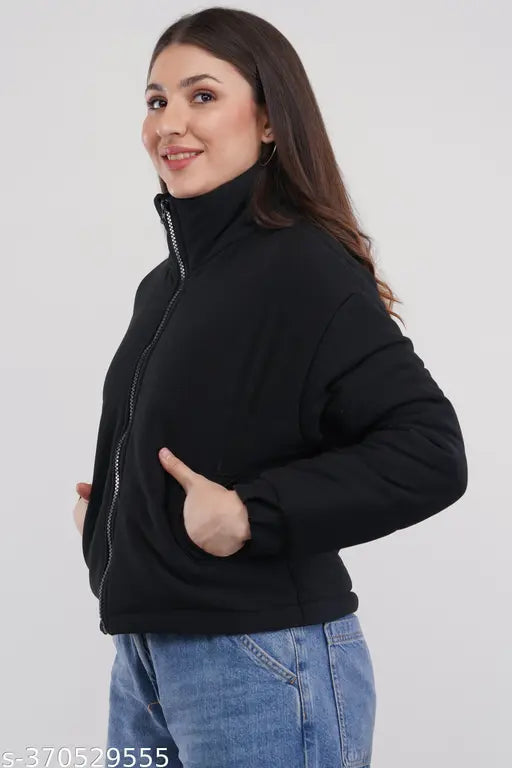 Polycotton full sleeves oversized women's bomber jacket, solid color design, free size (40in bust, 21in length)