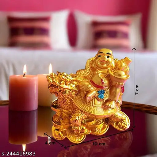Polyresin Vastu Feng Shui Laughing Buddha on Dragon with Coins - Decorative showpiece for wealth, prosperity, and good luck at home or office. Measures 7cm tall