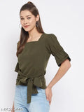 WineRed olive green puff sleeve top: Solid polyester, short sleeves, belted front, side zip closure, XS-L sizes available, Indian origin