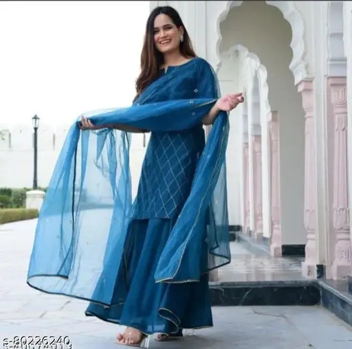 Blue kurta with sharara dupatta set