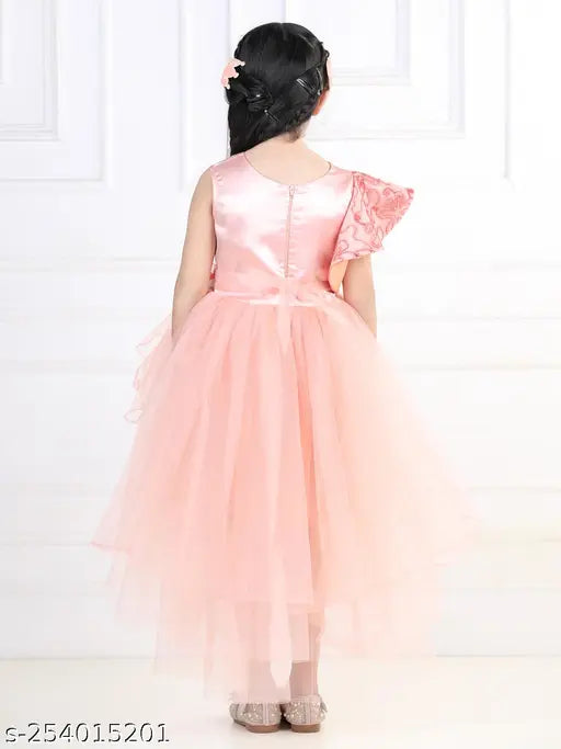 Peach embellished net hi-low dress for kids, embellished toy balloon print on short sleeves