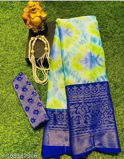 Chiffon and printed net dyed/washed saree with unstitched running blouse, digital geometric print and zari border work, free size from Balaji's Fancy Brasso, India