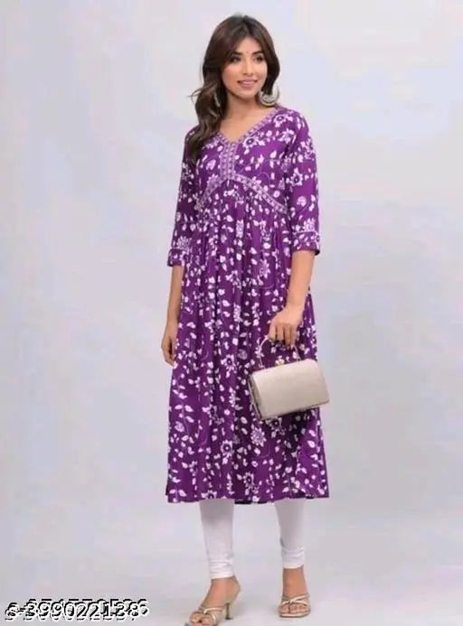 Purple Alia cut cotton kurti, three-quarter sleeves, printed combo, modern Indian fashion