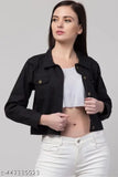 Casual fit black cotton blend women's jacket, solid design for stylish comfort (Size S: 36in bust, 18in length, 32in waist, 32in hip, 28in shoulder; Size M: 38in bust, 18in length, 33in waist, 32in hip, 30in shoulder; Size L: 40in bust, 19in length, 34in waist, 34in hip, 32in shoulder)
