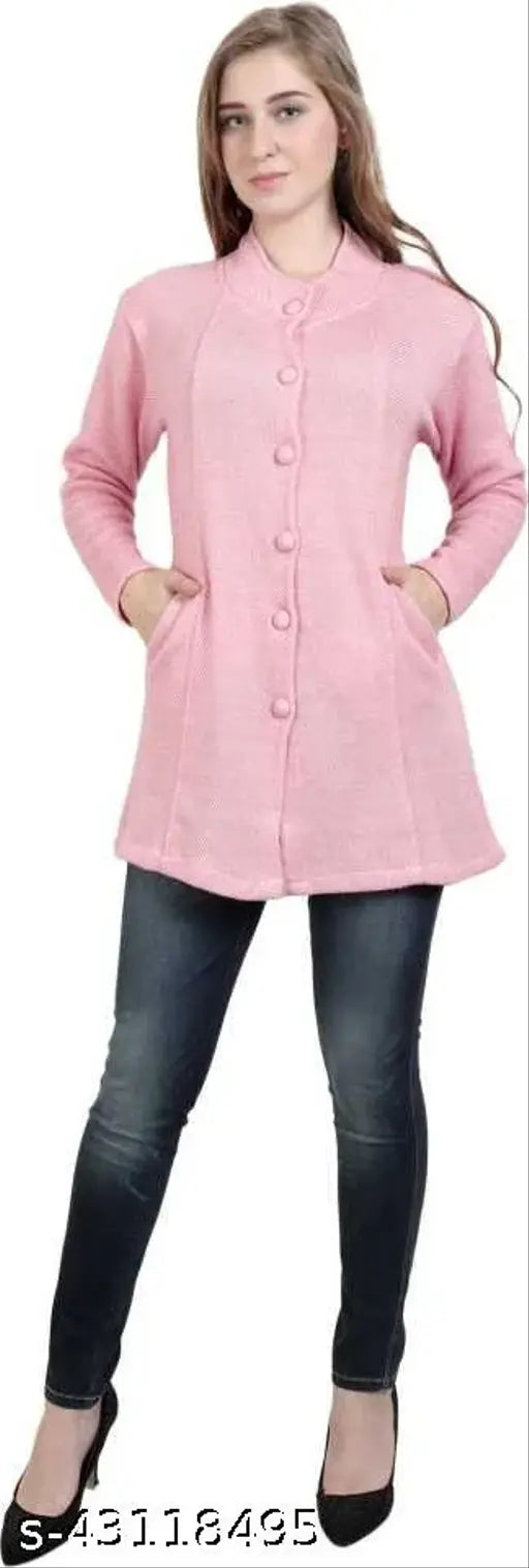 Solid pink wool sweater cardigan coat by Matelco, ideal for winter, long sleeves, women's fashion