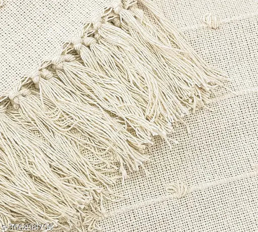 Handknitted cotton sofa throw, fringe details, decorative 52x82 inches