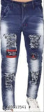 Trendy men's denim jeans with distressed blue wash, frayed hems and holes